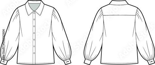 Flat vector fashion blouse technical sketch with collar, buttons, voluminous sleeves