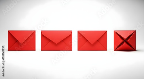 Set of four red envelopes in different folding styles isolated on white background