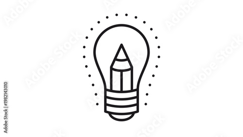 Creative Idea Vector Icon Illustration: Minimalist Black Line Art of a Lightbulb with a Pencil Inside, Symbolizing Innovation, Design Thinking, Artistic Inspiration, and Knowledge Concept.