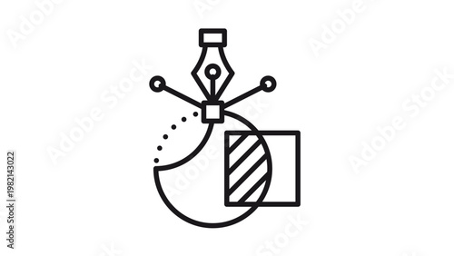 Minimalist black vector icon illustration of a graphic design pen tool with anchor points and handles creating a bezier curve, featuring geometric shapes like a circle and striped square.