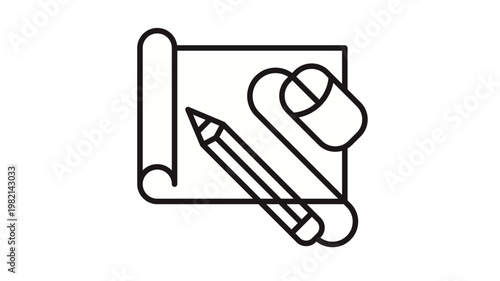 Minimalist black line vector icon illustration of a blueprint scroll with a pencil and computer mouse, representing digital design, architecture, engineering, and creative CAD software.