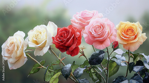 Beautiful watercolor painting of vibrant roses in various colors, showcasing their delicate petals and lush green leaves