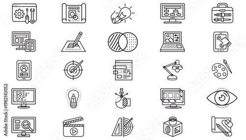 Vector Icon Set of 25 Black Minimalist Symbols for Web Design, Software Development, Creative Arts, Architecture, Engineering, Business Planning, UI UX Interface, and Digital Technology Concepts.