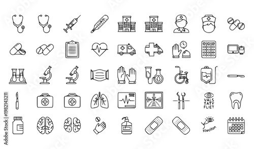 Medical Outline Icon Set with Doctor Healthcare Tools Linear Editable Stroke Vector Collection