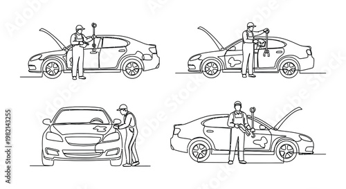 Line art illustration depicting mechanics repairing various car issues