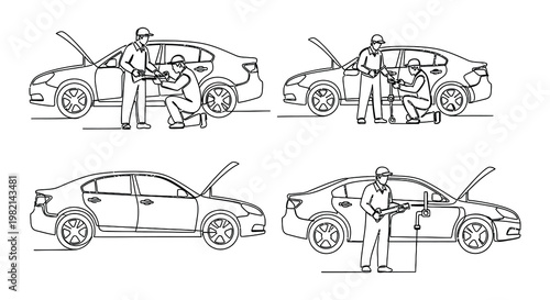 Line art illustration depicting mechanics repairing various car issues