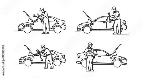 Line art illustration depicting mechanics repairing various car issues