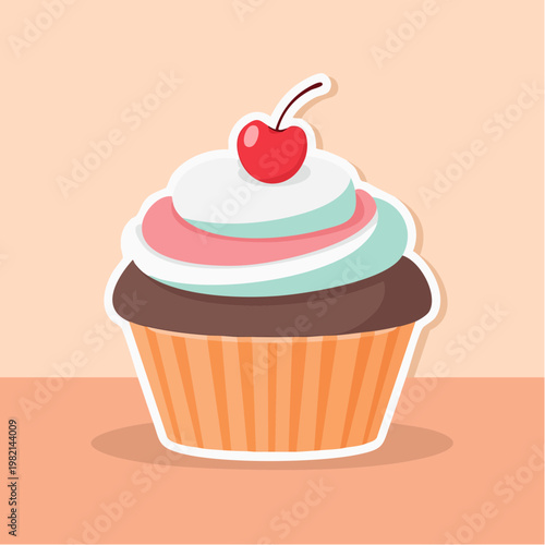 Colorful cupcake with cherry on top.