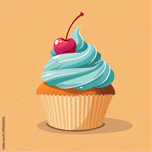 A cartoon cupcake with blue frosting and cherry on top.