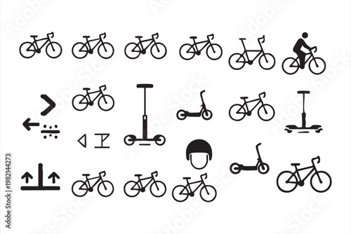 Collection of bicycles scooters helmets and directional icons
