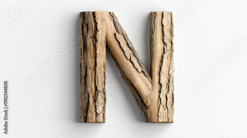 Wooden letter N with tree bark texture showcases natural beauty and rustic charm, perfect for decor or design projects