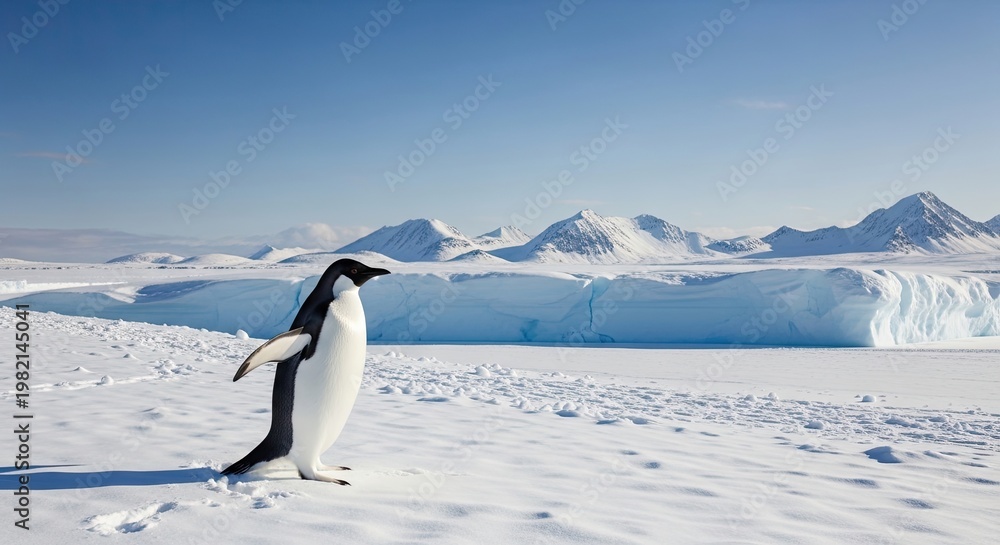 Obraz premium Penguin standing on snow near mountains and a bright blue sky background