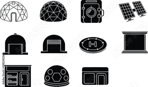 Black and white icon set representing various futuristic space colony structures and technology.