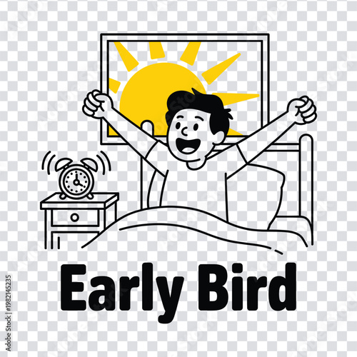 A cheerful cartoon man waking up early in bed with a big smile on his face and arms raised in excitement