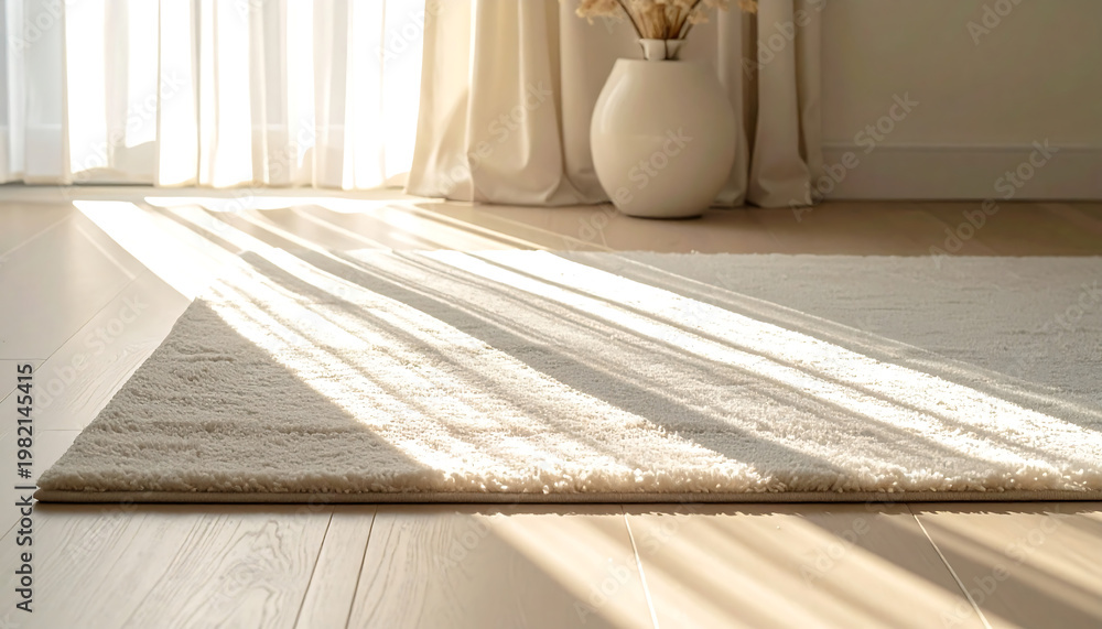Obraz premium Soft carpet with sunlight patterns creating warm shapes on floor. Minimal cozy interior detail.