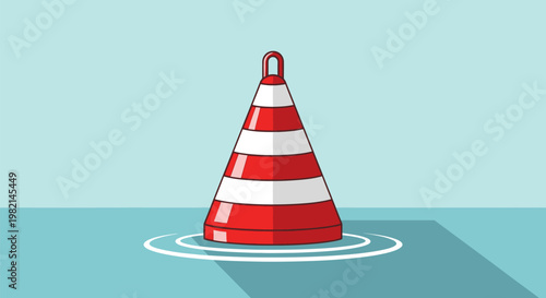 Red and white striped buoy floating in water.