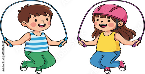 Happy kids skipping rope vector illustration featuring playful children jumping with jump rope cartoon characters isolated design