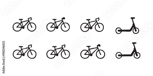 Set of bicycle and scooter icons representing different types of micro mobility and city transport