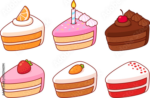 Different cake slices set. Cute cartoon fruit and chocolate cake, birthday and carrot cake, red velvet. Isolated vector illustration.