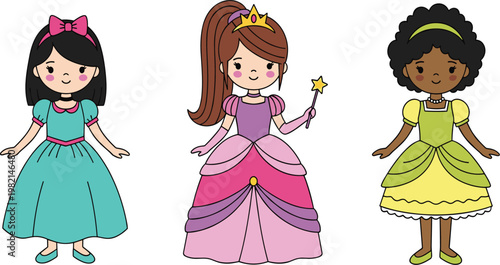 Cute princess girls vector illustration featuring diverse fairy tale characters in colorful dresses cartoon children fantasy design isolated set