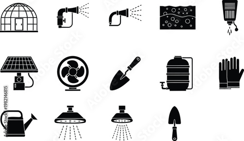 Collection of gardening and greenhouse equipment icons including solar panels, fans, and tools.