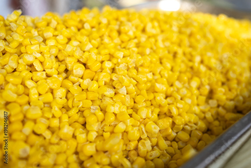 Close Up of Fresh Sweet Corn Kernels in Metal Tray
