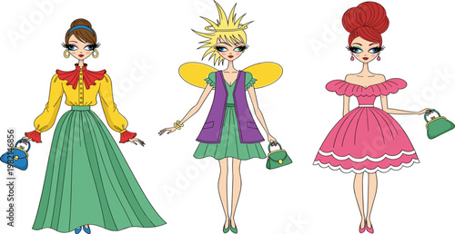 Cute fairy princess characters vector illustration featuring magical girls with wings wands and colorful dresses fantasy cartoon set isolated