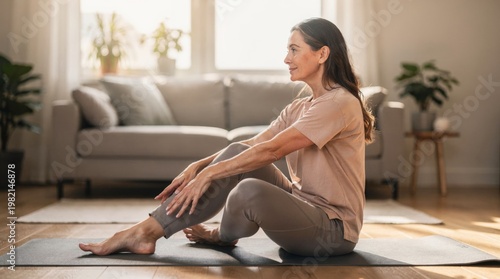 Woman stretching on yoga mat in bright living room at home