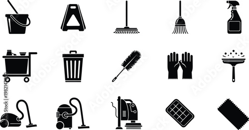 A collection of black and white icons representing various cleaning tools and equipment for janitorial services.