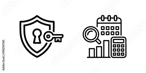 Security shield with key and financial analysis security shield key lock financial analysis graph magnifying glass