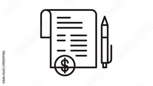 Black vector icon illustration of a document with text lines, a pen for signing, and a circular seal or stamp at the bottom, representing a contract, agreement, or official business paper.