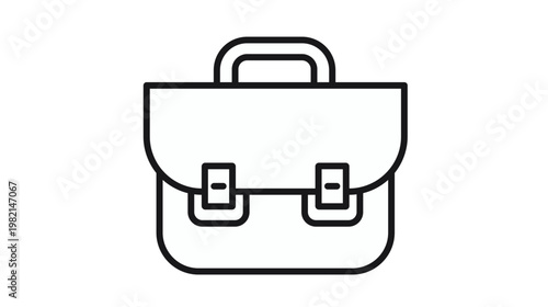 Professional black line art vector icon of a classic briefcase or satchel with a top handle and two buckles, representing business, work, office, education, and career, isolated on white.
