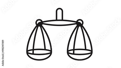 Minimalist black line art vector icon illustration of a balance scale, symbolizing justice, law, equality, and measurement. Clean graphic design with two weighing pans hanging from a beam.