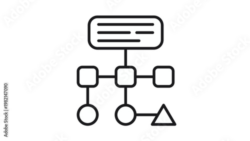 Minimalist black line vector icon of a flowchart or organizational structure diagram, depicting a hierarchical process with boxes, circles, and a triangle connected by lines for planning.