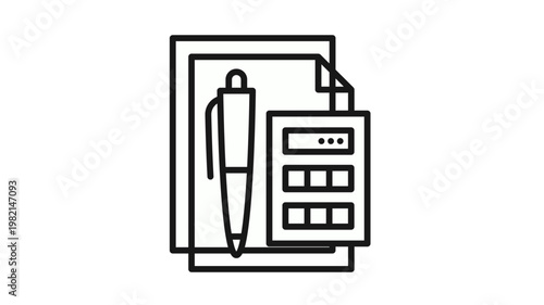 Black line vector icon illustration of a pen, calculator, and paper documents representing accounting, financial planning, bookkeeping, business management, and office administration tasks.