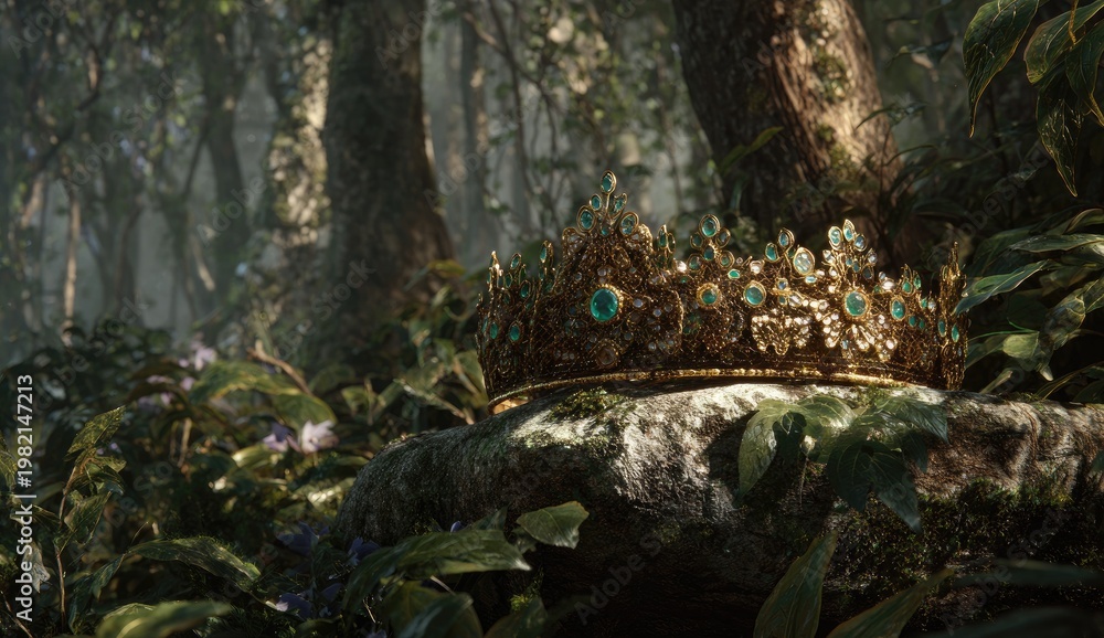 Fototapeta premium An ornate golden crown, adorned with teal gemstones, rests upon a moss-covered rock within a lush, sun-dappled forest setting, evoking a sense of fantasy and regal wilderness.