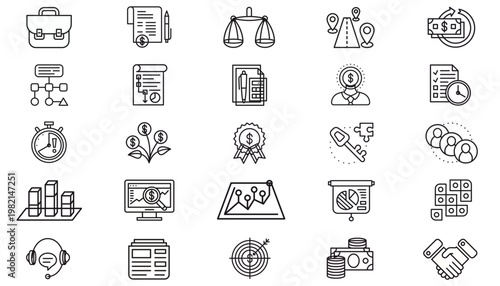 25 Black Vector Icon Set Collection: Business, Finance, Management, Marketing, and Analytics Symbols. Includes Contract, Briefcase, Money, Data Charts, Strategy, Teamwork, and Office Tools.