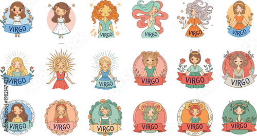 Cute Virgo zodiac sign illustration collection featuring adorable girl characters with floral elements and ribbons for astrological horoscope and mystical sticker designs
