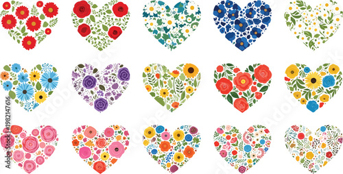 Floral heart vector collection featuring beautiful botanical flower arrangements in heart shapes for Valentine's Day weddings and romantic greeting card designs
