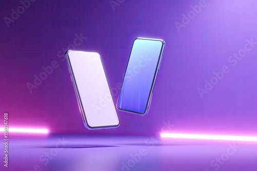 Two sleek smartphones hover in a vibrant purple and pink neon-lit studio setting, showcasing modern technology and a futuristic aesthetic.