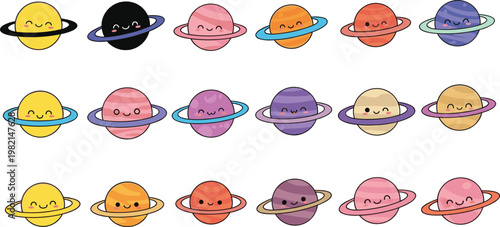 Adorable kawaii saturn planet vector collection featuring colorful smiling celestial bodies with rings for kids space themed educational posters and nursery stickers