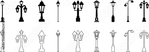 Street lamp lantern light icon set collection group in black flat and line style, vintage streetlight lamppost lighting symbol bundle, urban outdoor illumination graphic pack, classic city light desig