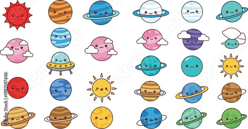 Kawaii solar system vector set featuring cute smiling planets sun and ufo characters for kids educational materials and nursery space themed decorations