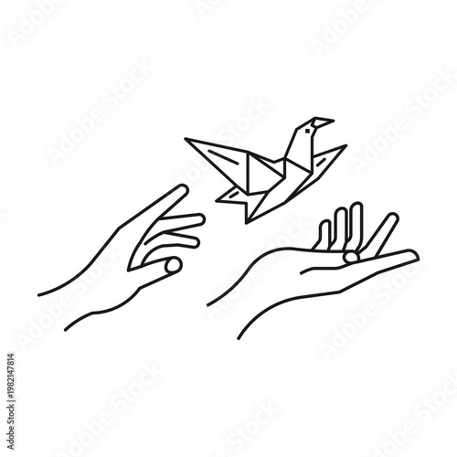 Minimalist Origami Bird Taking Flight from Human Hands Vector Illustration for Peace and Creativity Concept
