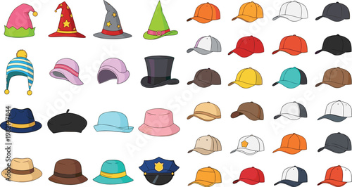 Large vector collection of various hat styles including baseball caps wizard hats berets beanies and fedoras for fashion design accessories and apparel icons