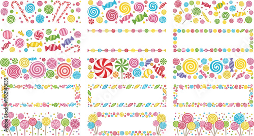 Colorful candy and lollipop border vector set featuring sweet confection frames and banners for birthday parties celebrations and sugary dessert shop branding