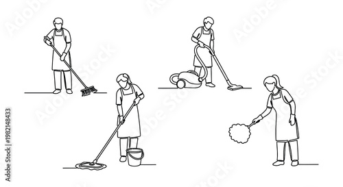 Line art illustrations depict people performing various household cleaning tasks