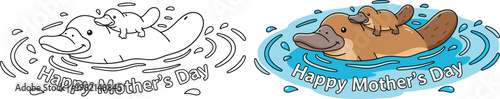 Happy Mothers Day cute platypus swimming with baby cartoon vector outline style