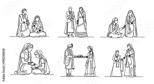 Indian wedding illustration featuring a couple mandap and henna designs