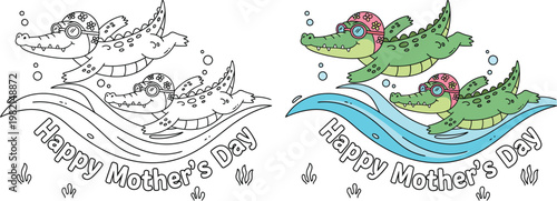 Happy Mothers Day cute crocodile swimming with baby cartoon vector outline style